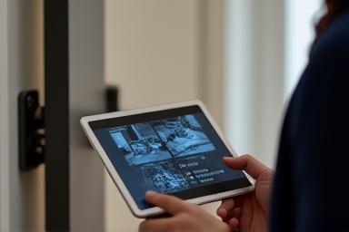 Person using a tablet to monitor smart security features in a Dutch residence